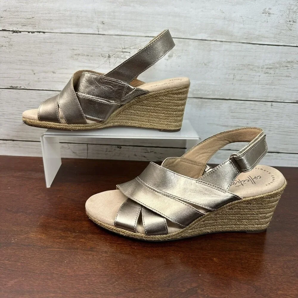 Clarks Collection Women's Espadrille Wedge Sling Back Heels Size 7.5 M Rope Gold